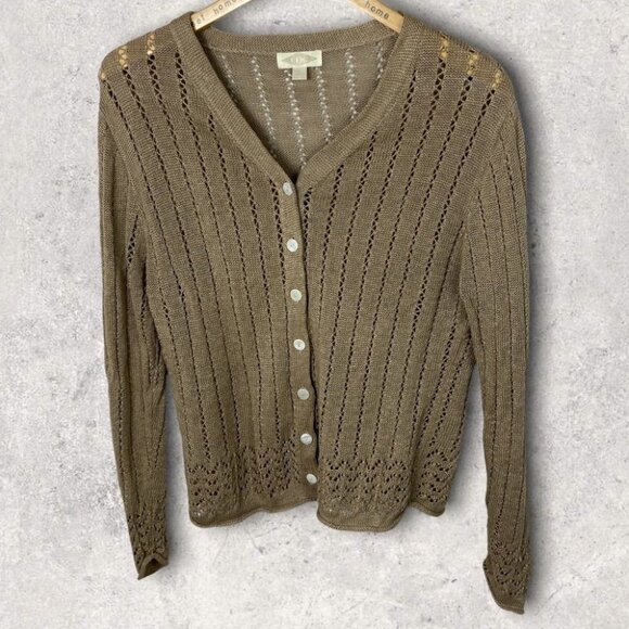 Vintage CDG 100% Linen Tan Knit Cardigan Sweater Cutout Lightweight Hong Kong L - Picture 1 of 13